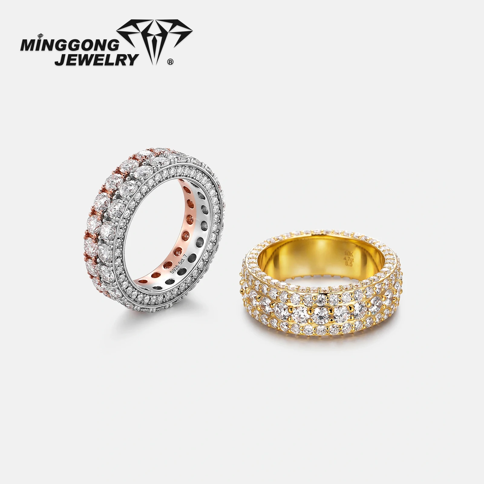 

Настраиваемый новый дизайн S925, серебро 10K/14K, твердое золото, VVS, обручальное кольцо с муассанитом, полный ледяной 6 мм, двухрядное кольцо для мужчин и женщин