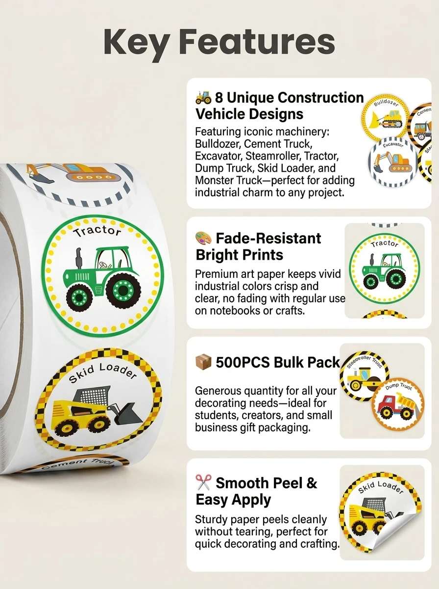 1Roll(500Pcs) Various Cartoon Engineering vehicle Stickers 1 Designs Decals Teacher Reward Labels School Supplies Gift Package