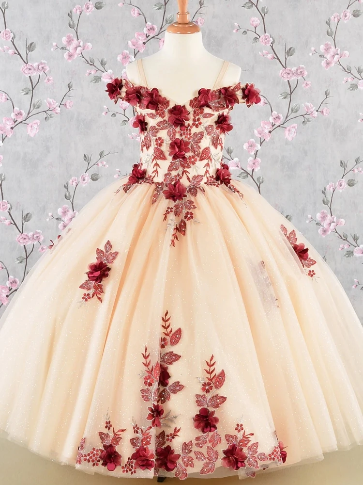 

Customized Orange Flower Girl Dress Burgundy Flowers Pattern Sleeveless For Wedding Birthday Pageant Prom Holy Communion Gown