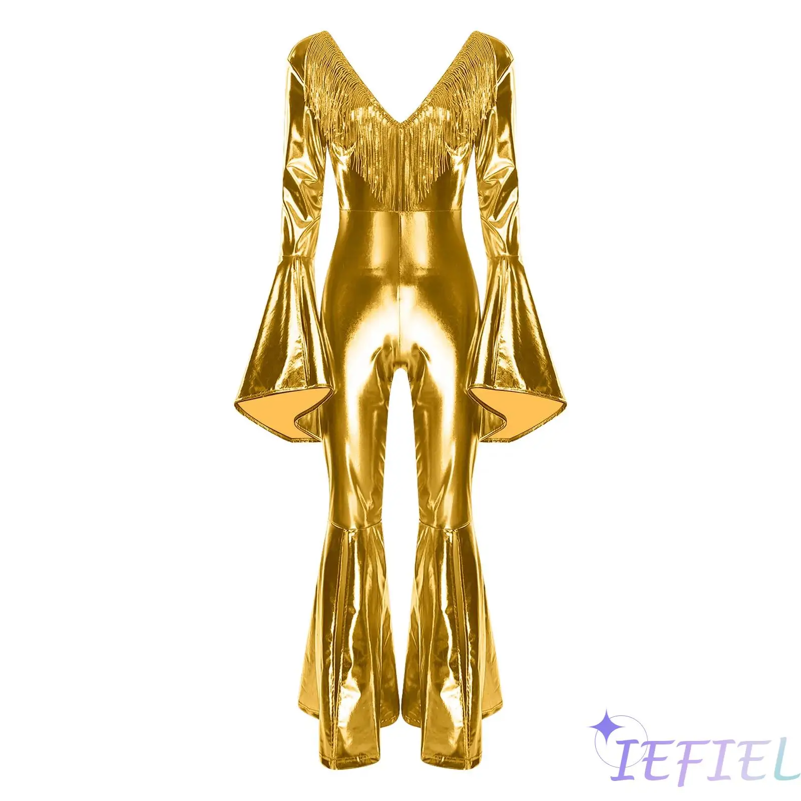 

Womens 80s Disco Jazz Dance Bodysuit V Neck Sequin Tassel Backless Flared Cuffs Legs Jumpsuit Rompers Party Nightclub Clubwear
