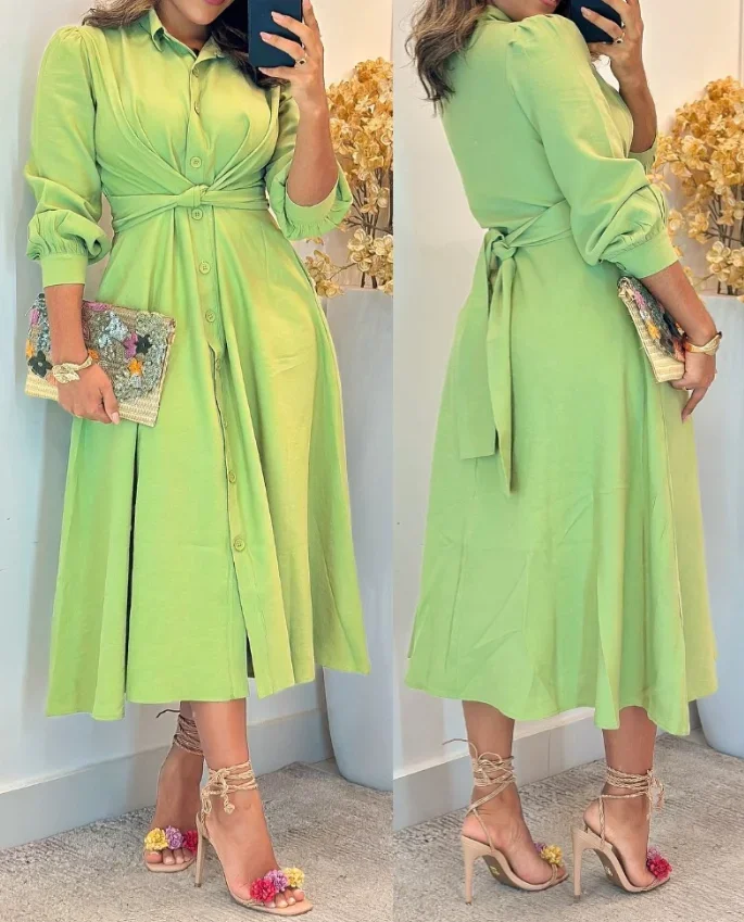 Urban Midi-Kleid für Damen, Flip-Kragen, Blasenärmel, Schnürdetail, Hemdkleid für Damen, elegantes, lässiges A-Linien-Hemdkleid mit Knöpfen