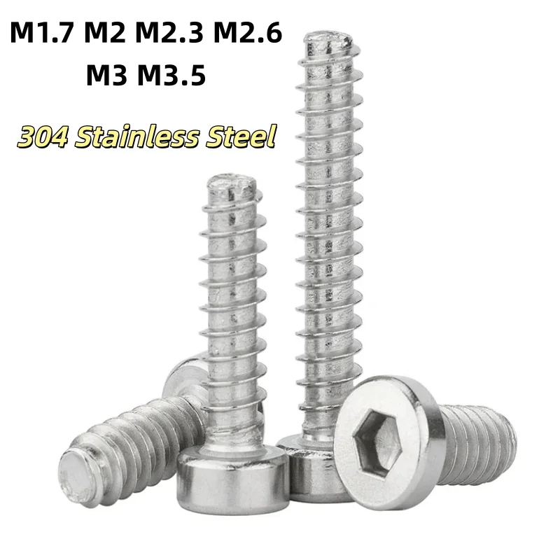 M1.7 M2 M2.3 M2.6 M3 M3.5  HB 304Stainless Steel Thin Round Cylindrical Head Hexagonal Self Tapping Flat Tail Screw