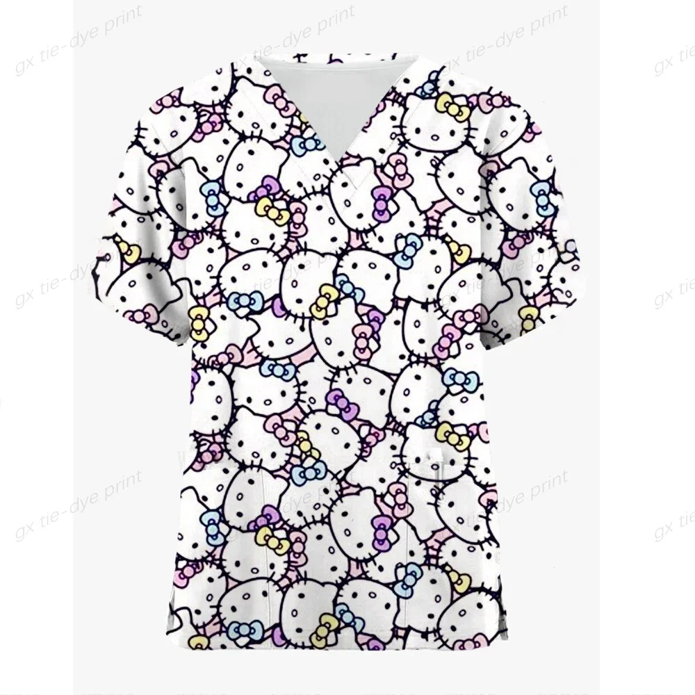 

Hello Kitty Print Nursing Scrubs T-Shirt Tops Casual Short Sleeve V-neck Pocket Women Scrubs Uniforms Women Nursing Clothing