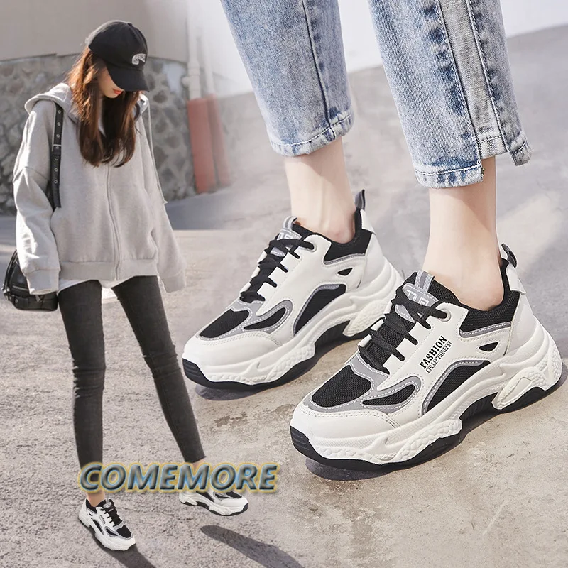 2022 Autumn Spring Summer Women\'s Breathable Mesh Sneakers with Increased Laces Feetsmall Casual Shoesthick Bottom Breathable PU