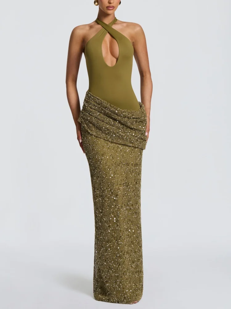 Halter Neck Sequin Mermaid Maxi Dress Women Draped Ruched Bodycon Evening Gown Elegant Wedding Guest Formal Party Long Dresses view 6