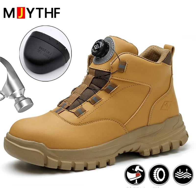 Botas de trabajo con botones giratorios para hombre, zapatos de seguridad con punta de acero, zapatos protectores a prueba de perforaciones, zapatos