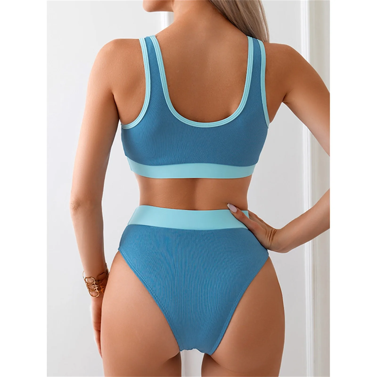 Women's High Waisted Bikini Sets Sporty Two Piece Swimsuits Color Block High Cut Bathing Suits Sunflower Shorts plus Size