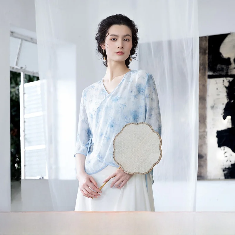 

Elegant Vintage Chinese Style Shirt Women's New Summer Collection Belted Blouse Breathable Comfortable V-Neck Short Sleeve