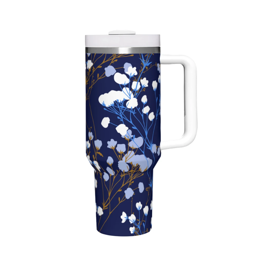 

Travel Mugs Blue Flowers Stainless Steel 304 Drinkware Thermal 40oz/1200ml Large Capacity Handle Car Cup