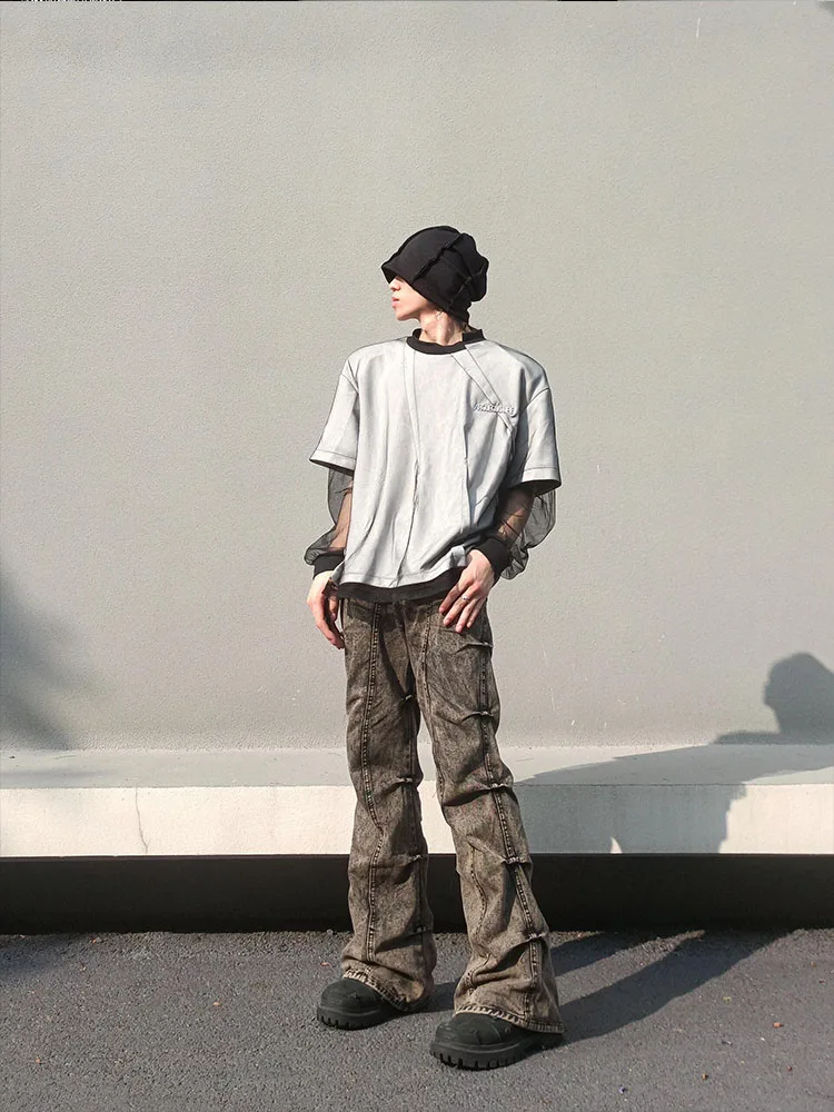 

Retro American High Street Loose Men's Jeans Grey Micro Flared Washed Wrinkle Desert Style Straight Leg Wide Leg Pants