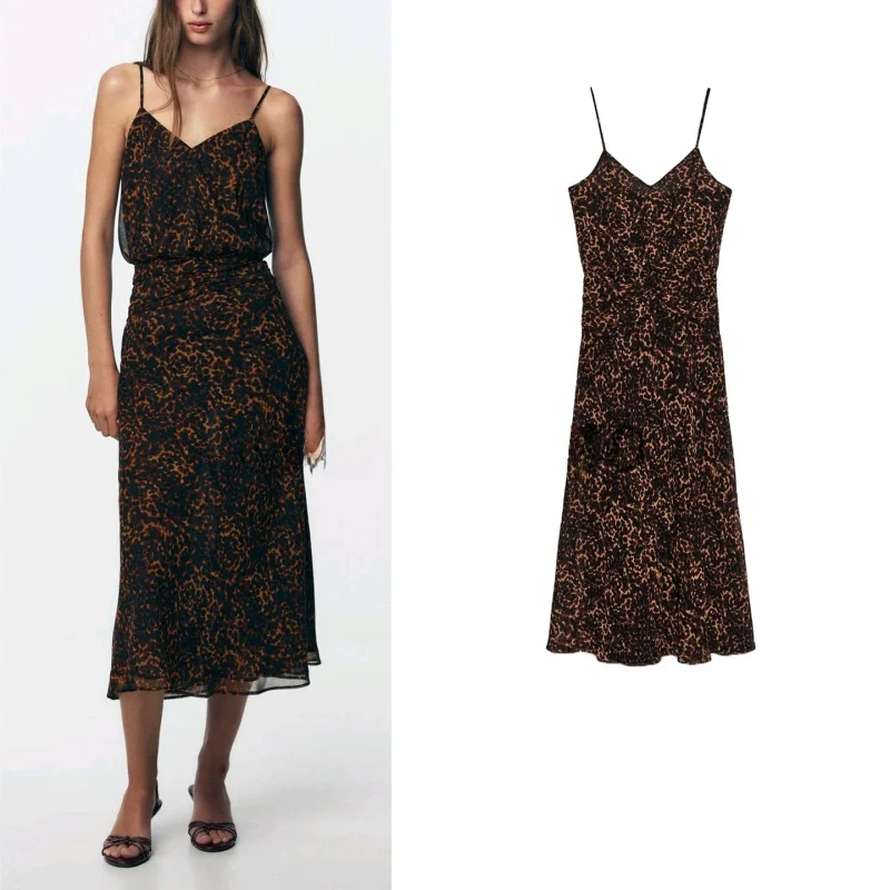 Autumn New Arrival Women's Midi Dr V-ne Svel Animal Print Pleated Casual Sle Polyester Fiber X-aped Dr
