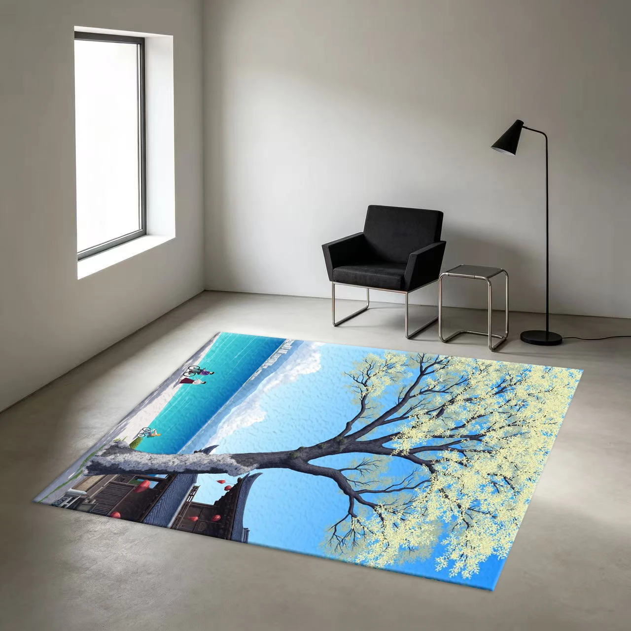 Anime-Style Ancient Architecture, Large Trees, Coastal Scenery Carpet, Non-Slip Printed Carpet Suitable for Bedroom, Study, Dormitory, Home Floor Decoration