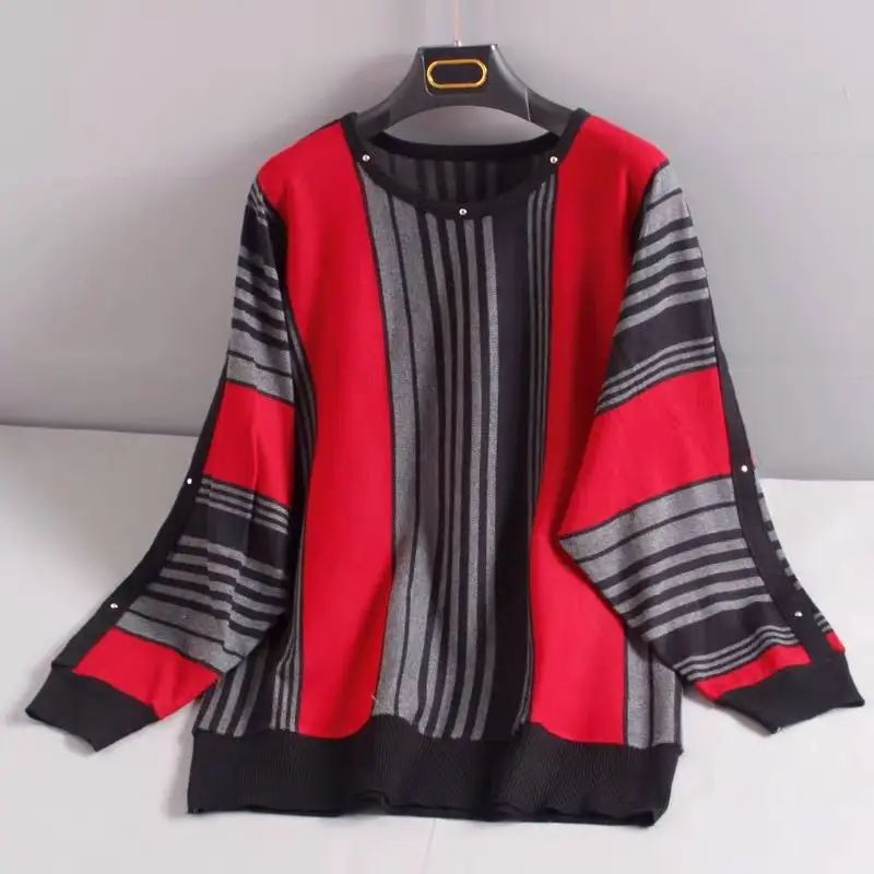 Women's Spring Autumn Contrasting Colors Striped Tops Causal Commute Stylish Rivets O-Neck Knitted Long Sleeve Vintage Pullovers