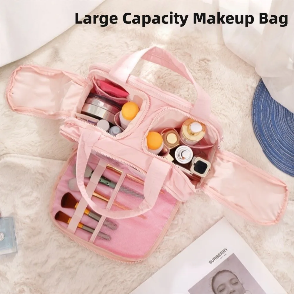 

Multipocket Design Cosmetic Handbag Zipper Closure Comfortable Handle Portable Makeup Pouch Double Side Open Easy Access