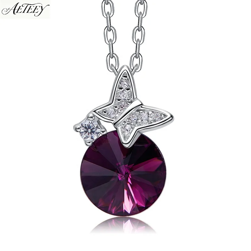 AETEEY S925 Silver Luxury Geometric Necklace Inlaid Clear Crystal & Rose Quartz All Match Women Clavicle Jewelry
