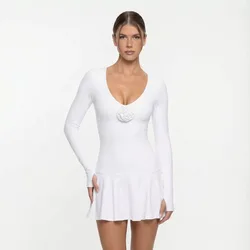 FUBEIKE Flower V Collar Dress With Chest Pad Long Sleeve Tennis Dress With Safety Pants Slim Yoga Tennis Skirt Women Sportswear
