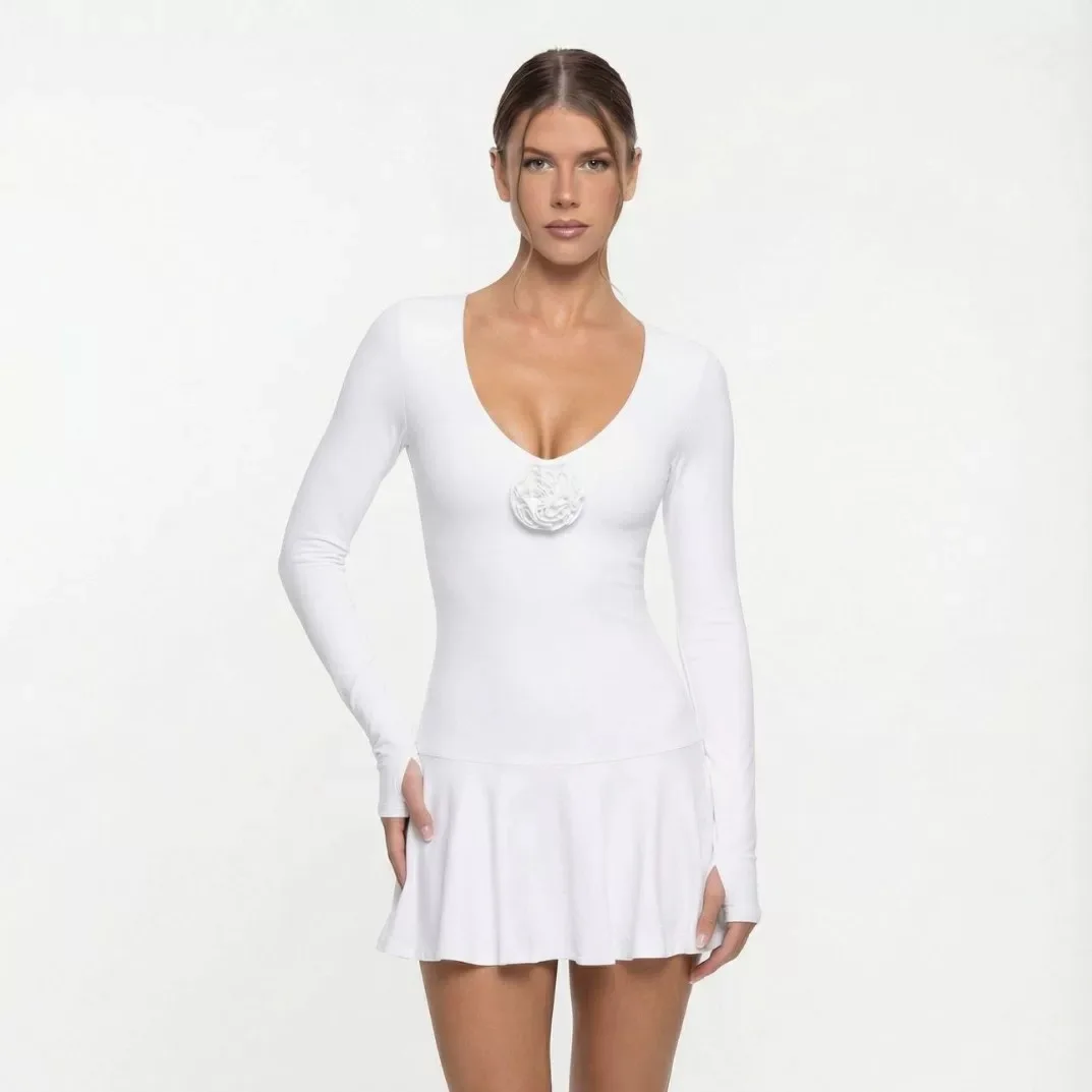 FUBEIKE Flower V Collar Dress With Chest Pad Long Sleeve Tennis Dress With Safety Pants Slim Yoga Tennis Skirt Women Sportswear