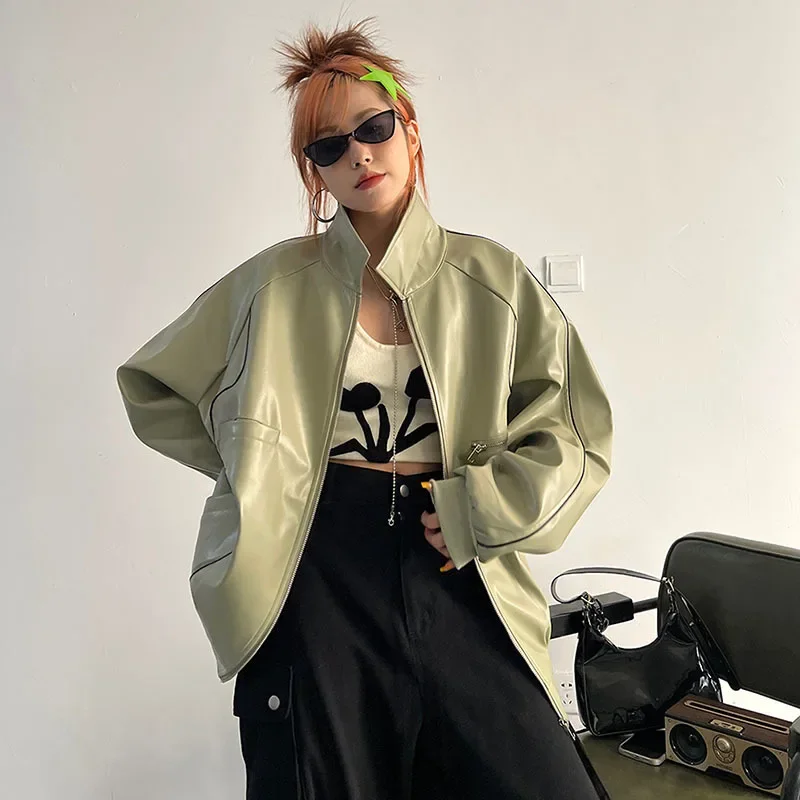 화이트 블랙 라이트 그린 가짜 PU 가죽 코트 루즈 스탠드 칼라 긴 소매 봄 가을 여성 streetwear 패션 바이커 자켓