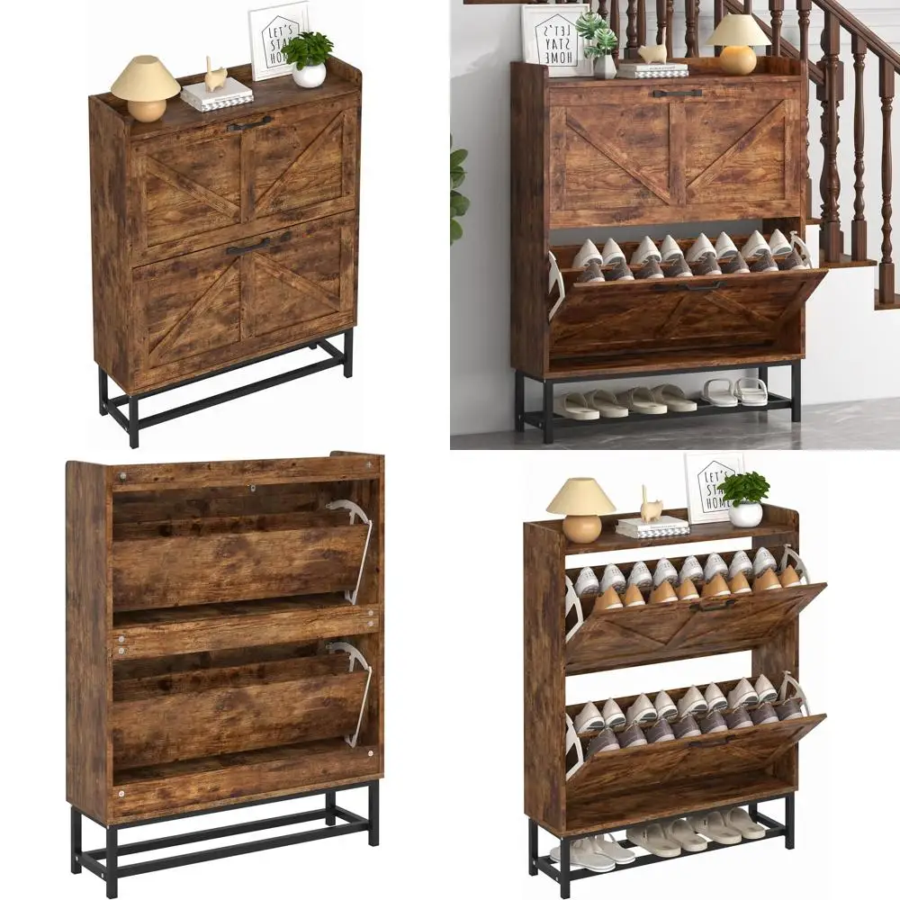 Narrow 2-Drawer Shoe Cabinet with Metal Legs, Rustic Brown Storage Organizer for Entryway