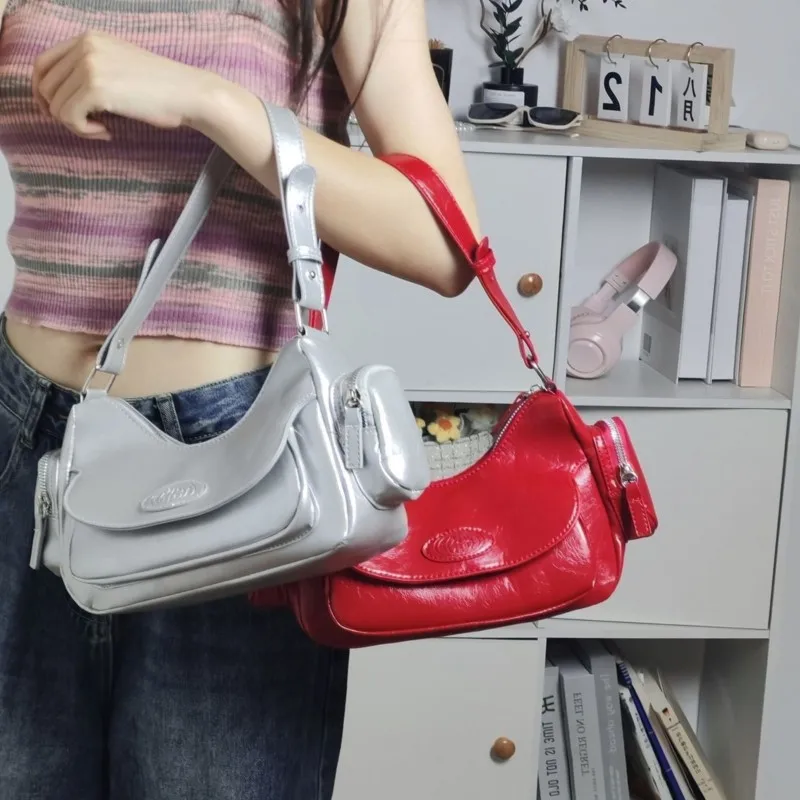 

Korean Retro Red Tote Bag Women Leather Large Capacity Underarm Bag Ladies Harajuku Y2k Aesthetics Versatile Daily Crossbody Bag