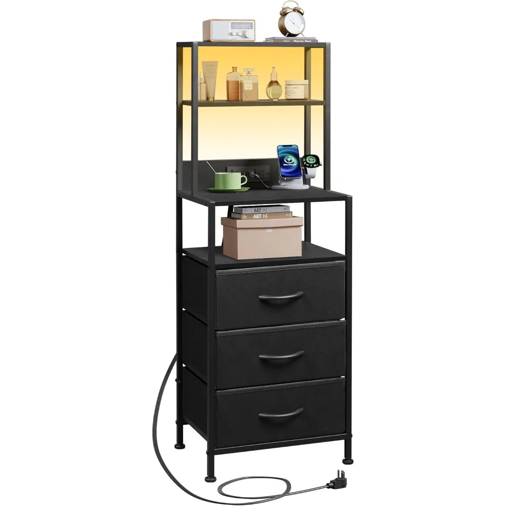 

Tall Nightstand with Charging Station, LED Night Stand with 3 Fabric Drawers and Storage Open Shelves, Bedroom Nightstand table