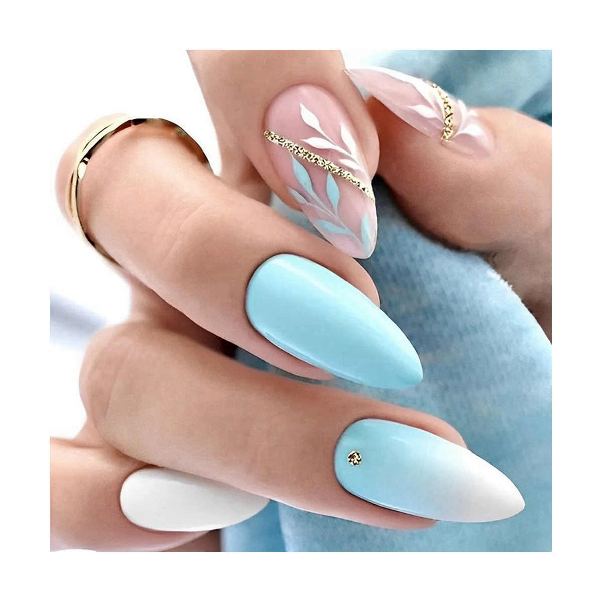 

Milk Blue Gradient French Wearable Long Nails Full Cover Finished False Nails Press on Nails with Glue