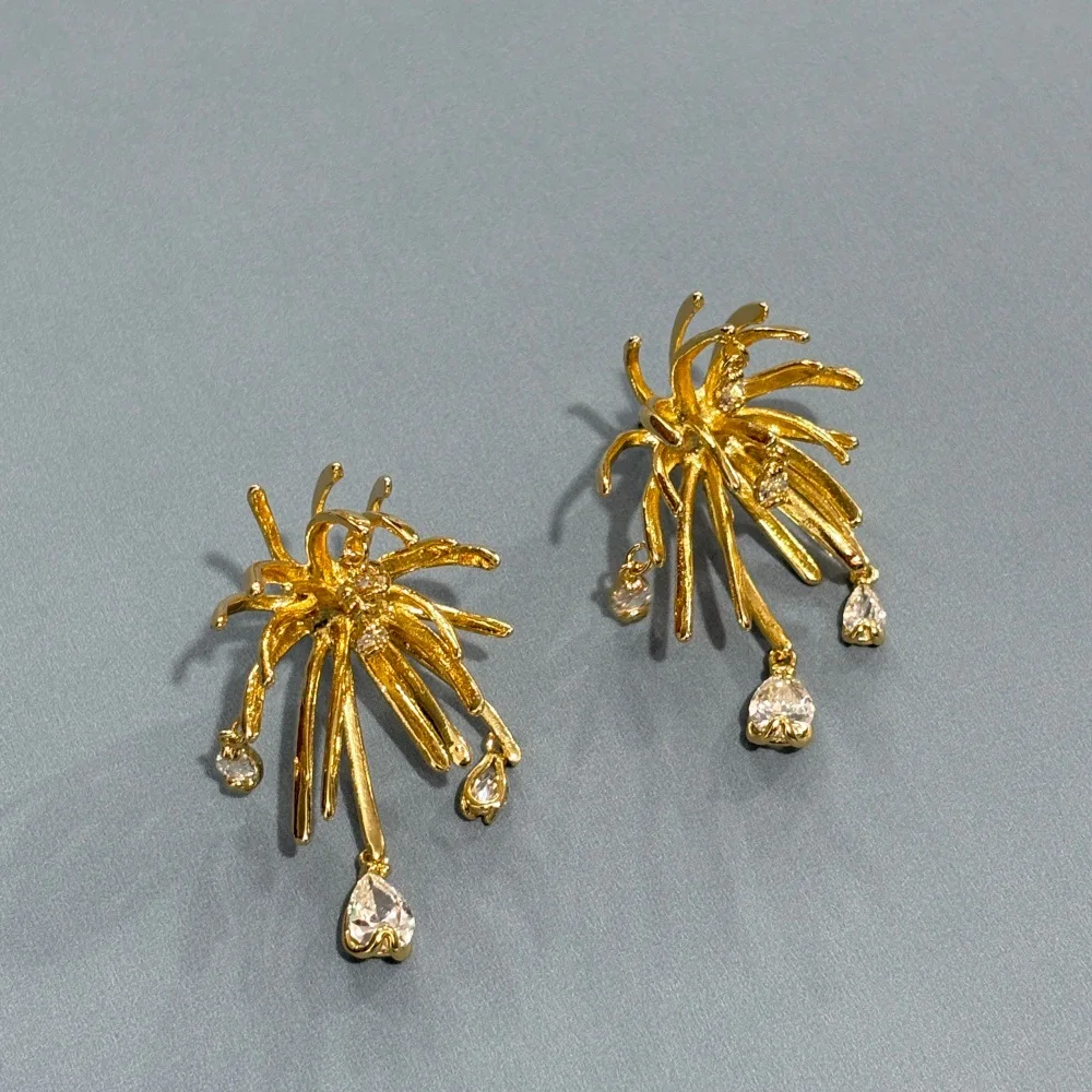 Light Luxury Unique Blooming Branch Earrings Water Drop Cubic Zircon Dangle Earrings Women Elegant Exaggerated Statement Party J