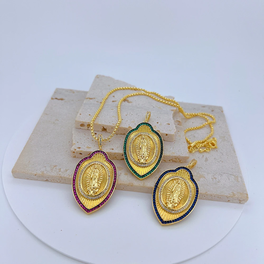 5 pcs/lot Geometric Virgin Mary Pendant Gold Plated Religious Medallion with CZ European Retro Cameo Charm for Necklace DIY