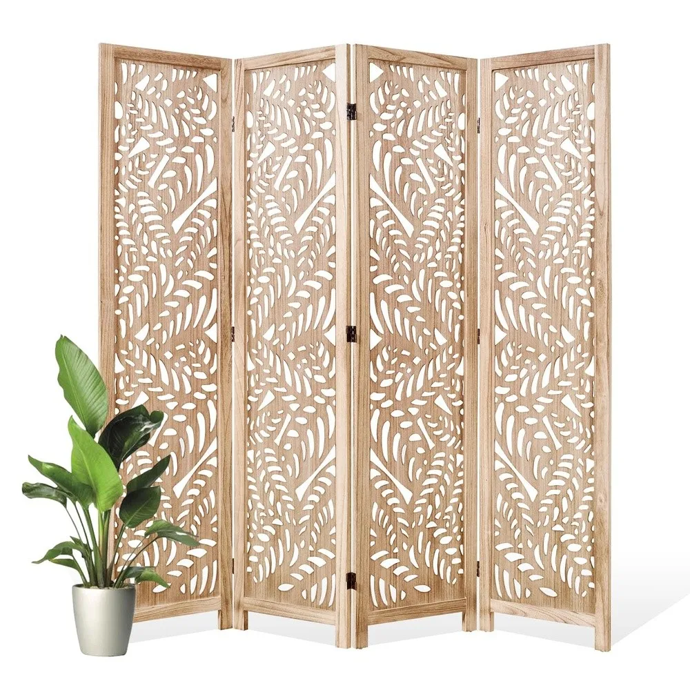 Leaf Carved Room Divider Privacy Screen 67 Inch Tall Foading Decorative Wood Screen Dividers Panel for Home Natural