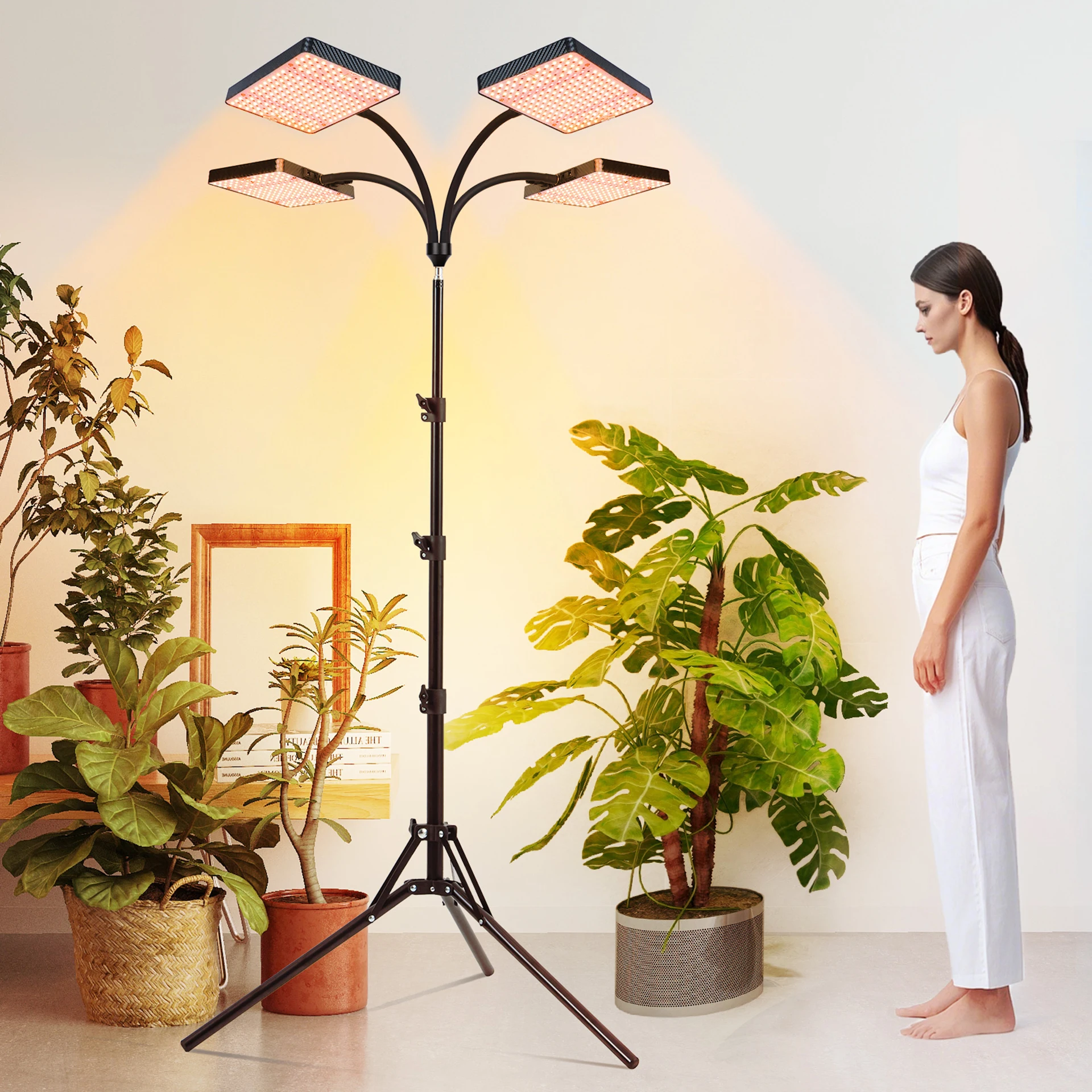 Lampa do uprawy roślin z 4 głowicami i podstawką 100W, lampy do uprawy roślin FECiDA 2025 do roślin domowych, pełnospektralna lampa LED do uprawy roślin domowych