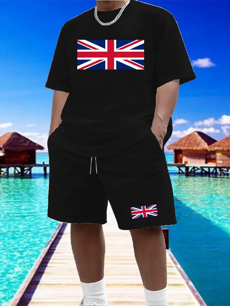 

Men's UK Flag Print 2 Piece Outfit, Casual Short Sleeve T-Shirt & Shorts Set, Summer Breathable Streetwear Tracksuit for Men