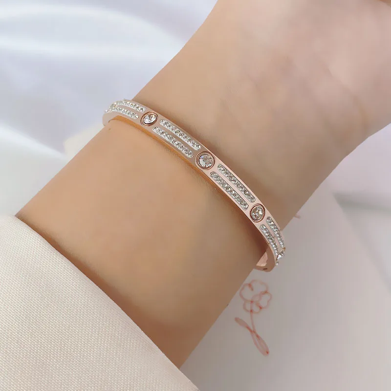 Fashion Gold Color Metal Stainless Steel Bangles For Women OL Style High Quality Transparent CZ Cubic Zirconia Bracelets