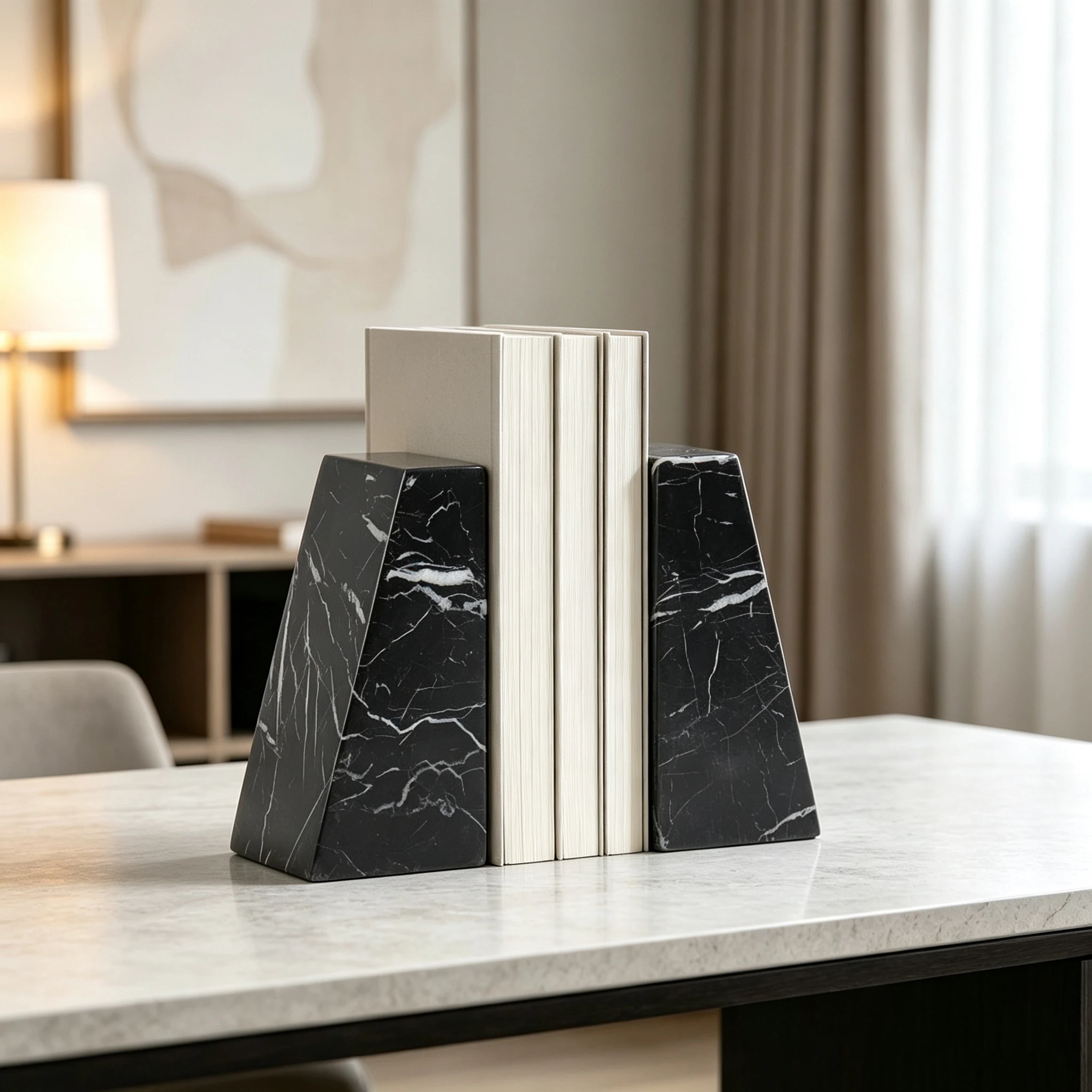 Natural Marble Bookends for Shelves Heavy Decorative Stone Book Stoppers Modern Trapezoid Book Holder Home Office Desk Decor