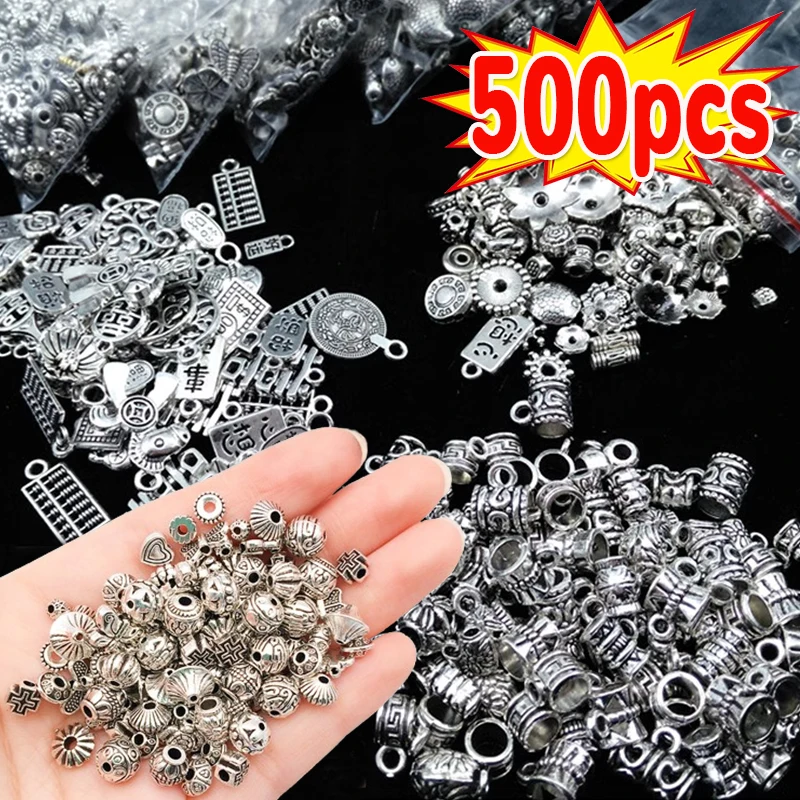 500pcs Mixed Tibetan Antique Silver Color Hollow Ball Metal Beads Spacer Beads for Jewelry Making Fashion DIY Bracelet Nekclace