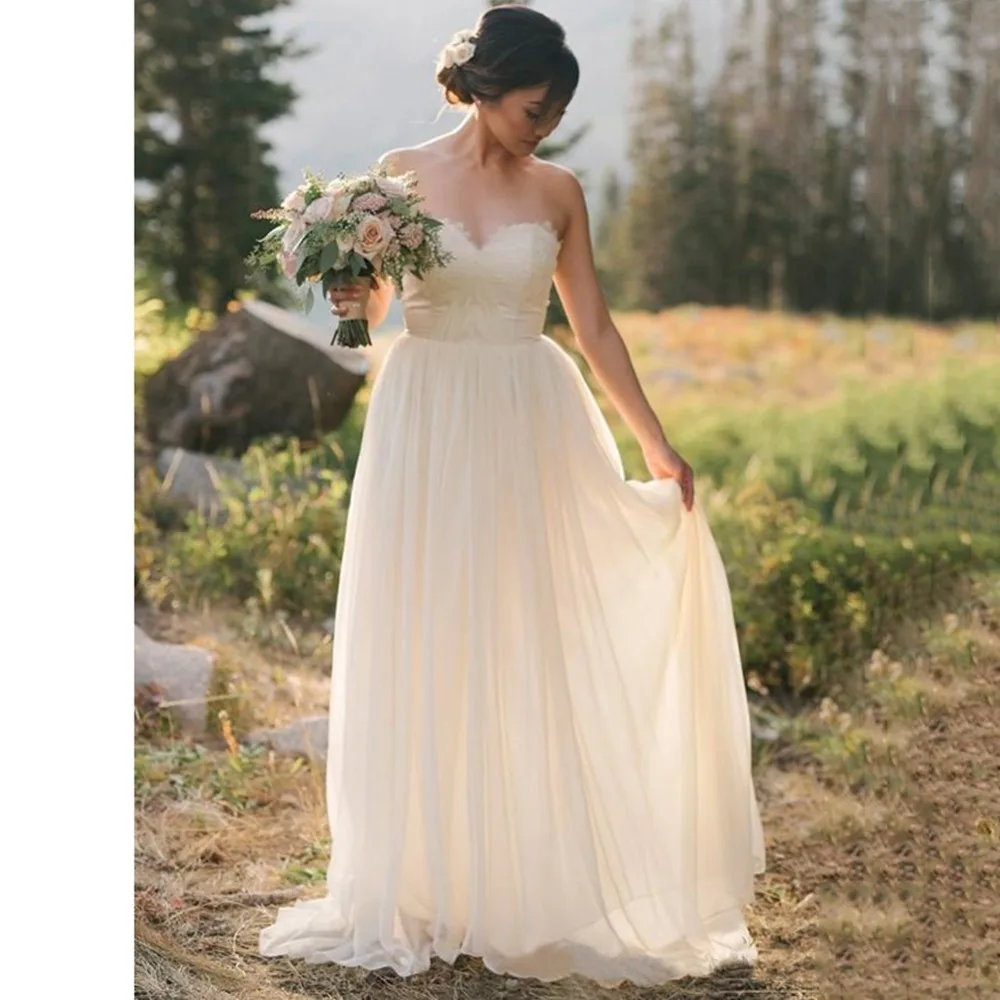 Simple Chiffon Appliques Long Beach Wedding Dresses Sweetheart A-line Summer Informal Reception Bridal Gowns customized