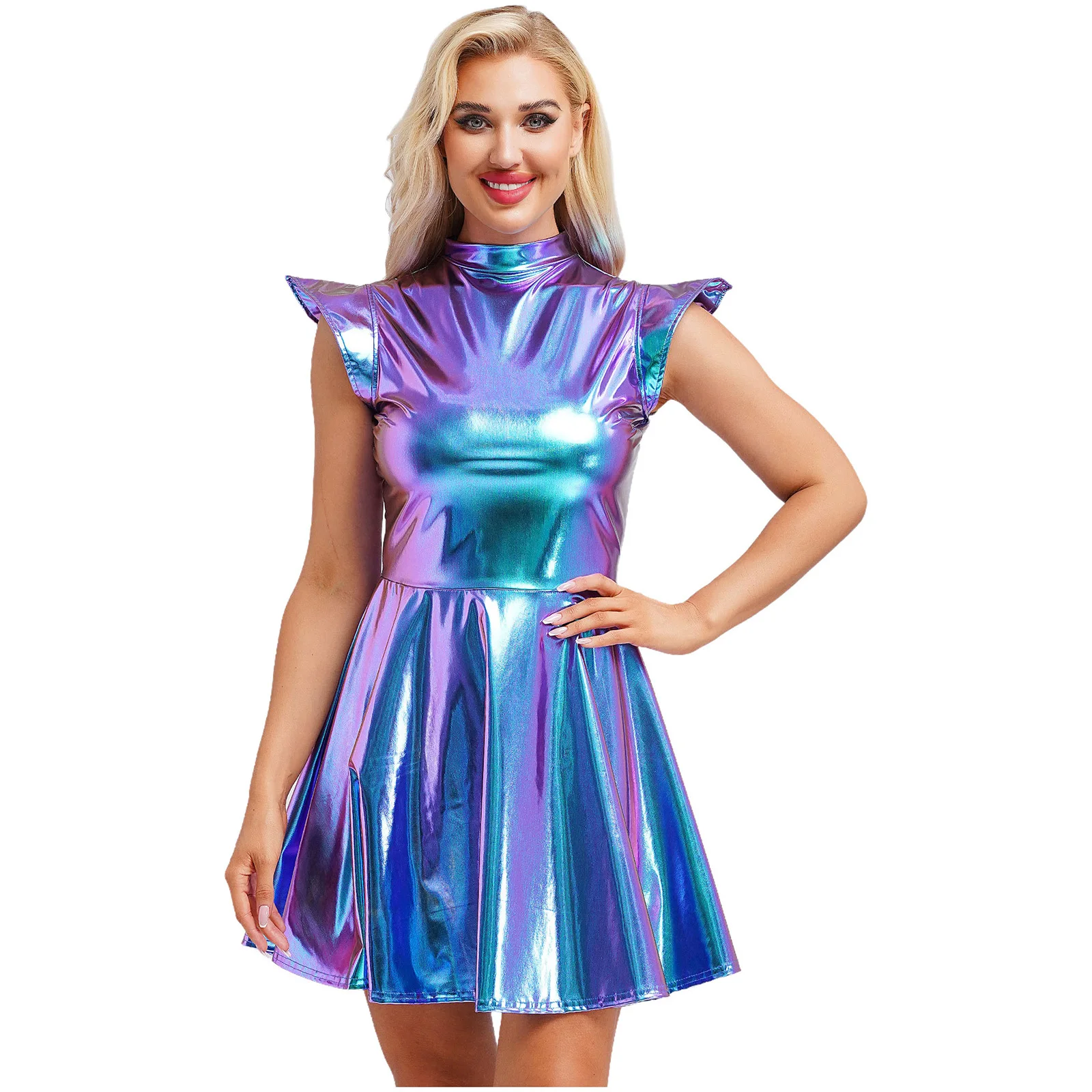 Women Shiny Metallic Dress Mock Neck Cap Sleeve High Waist A-line Dress Modern Pole Dance Rave Party Bar Club Wear Street Wear