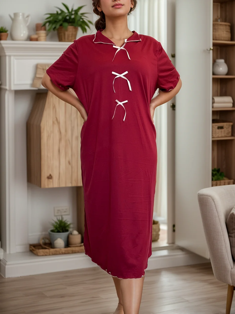 Camicia da notte da donna con fiocco taglie forti, casual, sexy, confortevole, in seta rossa, con volant, camicia da notte, pigiama da casa