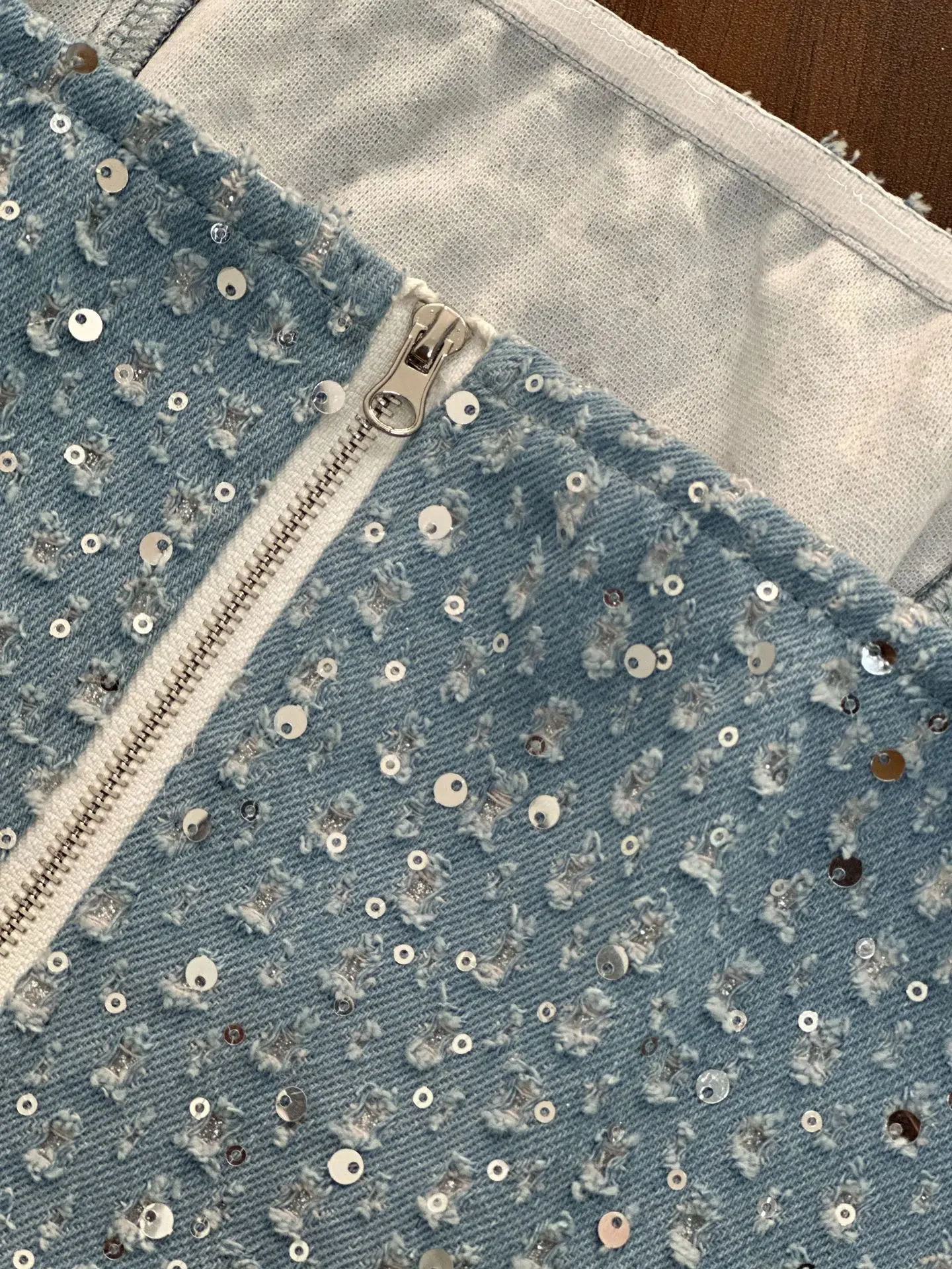 Mode Pailletten Denim Set Frauen Liebsten Tunika Taille Crop Top und Breite Bein Hosenanzug 2024 Neue 2-teilige Sets Outfits Trainingsanzug – Detail 7