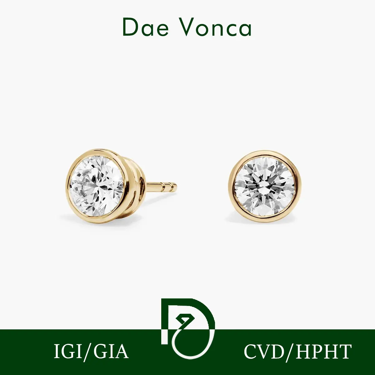 

Secure Bezel Set Round Cut Lab Grown Diamond Studs Timeless Design 9K/14K/18K Yellow Gold Beautifully Matched