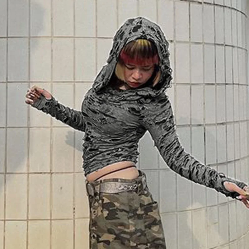 

Fashionable Women's Clothing With Perforated Floral Design Hooded Collar T-Shirt, Street Trendy And Spicy Style Short Top