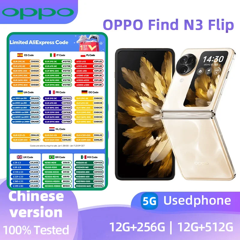 OPPO Find N3 Flip Smartphone 6.8Inch 120HZ  Dimensity 9200 4300mAh Battery NFC Google Play Store Cell Phone OTG used phone