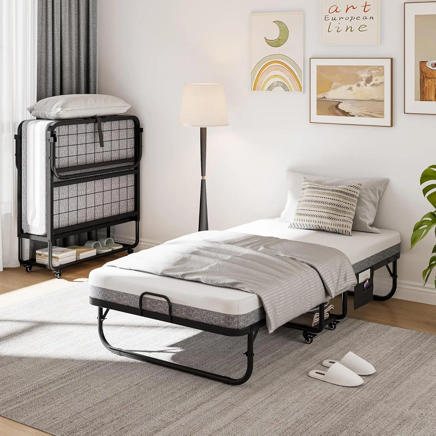 سرير قابل للطي مع مرتبة، سرير مزدوج قابل للطي مقاس 76 بوصة × 38 بوصة مع جيب جانبي ورف تخزين، سرير محمول قابل للطي للبالغين، قابل للطي #2