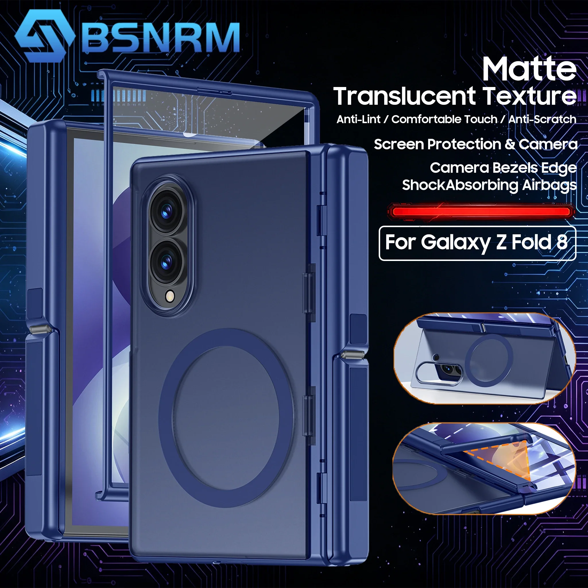 For Samsung Galaxy Z Fold 8 Magnetic Case Full Hinge Built-in 9H Glass Hidden Kickstand Matte Anti-Scratch Cover-Blue