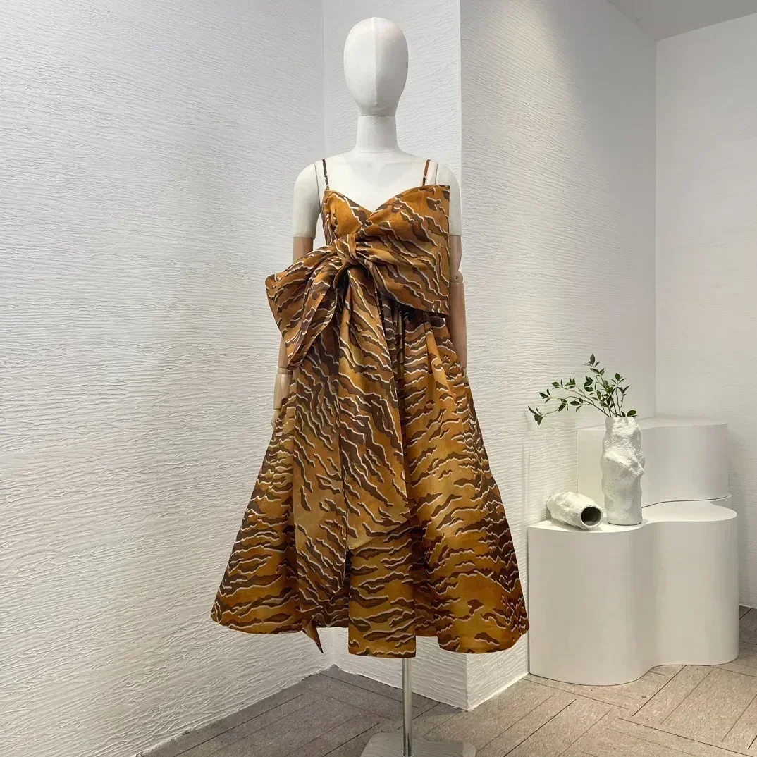 New Collection Spring Summer Holiday Crinkle Silk Big Bow Tiger Stripes Printing Midi Dress Women High Quality Clothing