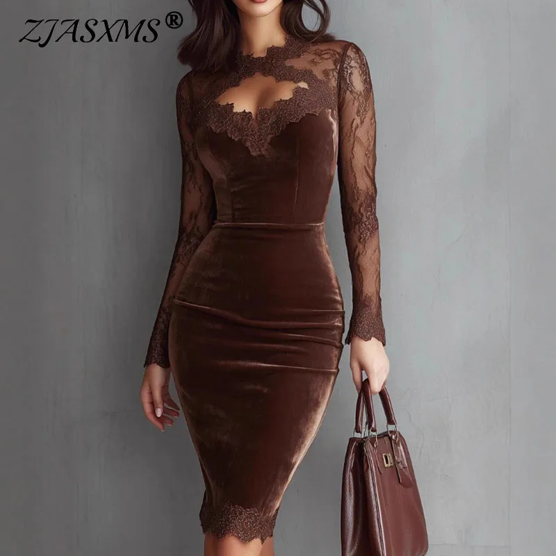 

Весеннее сексуальное вечернее платье с кружевной вышивкой, женское элегантное тонкое бархатное платье с v-образным вырезом, осеннее прозрачное облегающее платье на бедрах с длинными рукавами