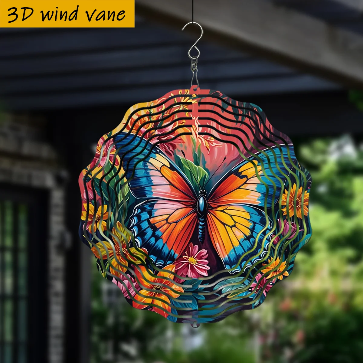 3D Butterfly Flower Metal Wind Spinner Rotating Wind Sculpture Indoor Outdoor Garden Hanging Decor Ornament