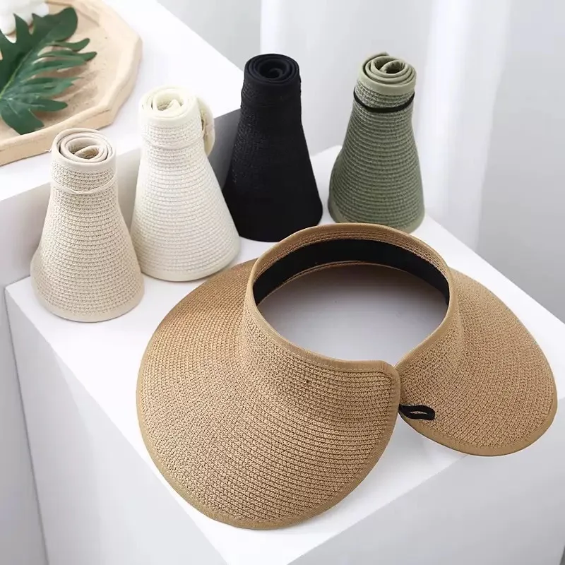 Women's Collapsible Wide-brimmed Beach Straw Hat, UV-protective Sun Hat for Seaside Wear, Portable Summer Sun Protection Hat