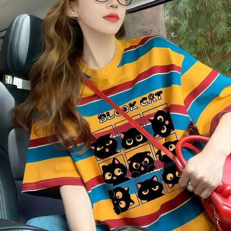 

Femme Summer Fashion Trend Printing Color Blocking O-neck Short Sleeve Women Clothes Fashionable Young Style Cartoon Pattern Top