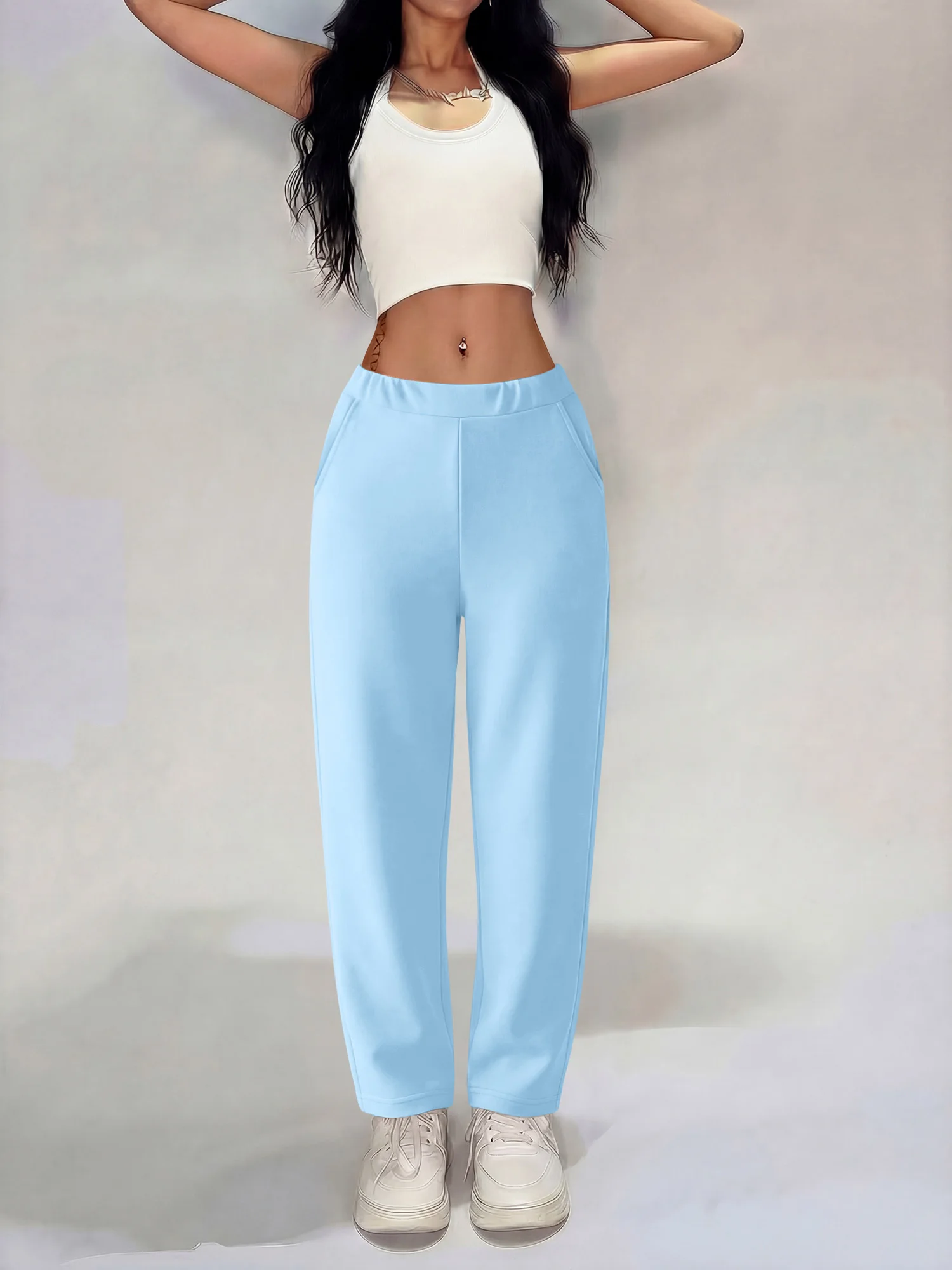 

Повседневные однотонные широкие брюки с высокой талией для женщин, свободные брюки с эластичной талией и карманами, удобные спортивные штаны для уличной моды