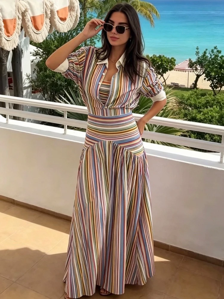 Elegant Multicolor Striped Maxi Dress Outfits Puff Sleeve Lapel Shirt High Waist Long Skirts 2026 Autumn Lady All-matching Suit